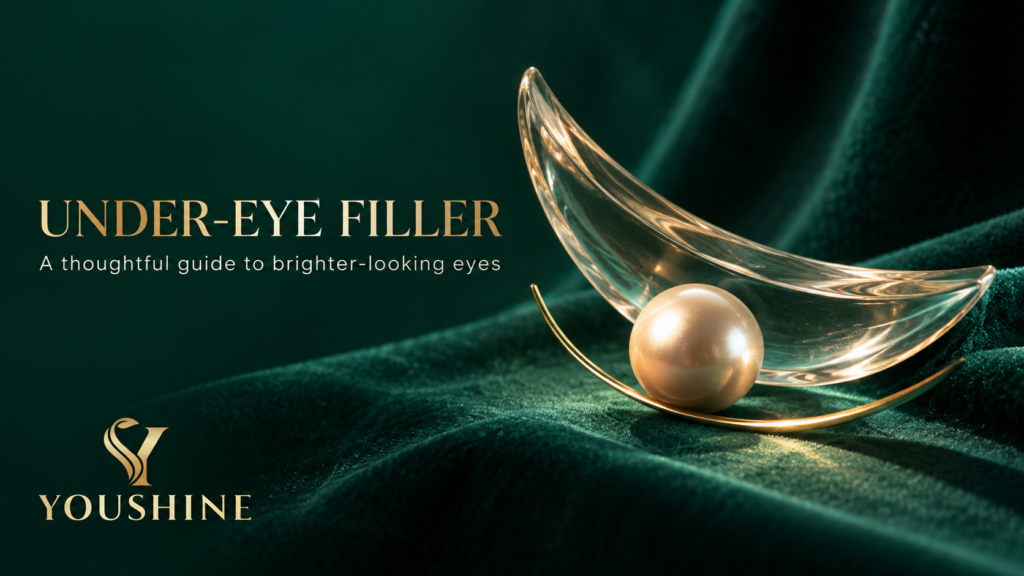 YouShine Medspa under-eye filler article cover with a glass curve and pearl on emerald fabric