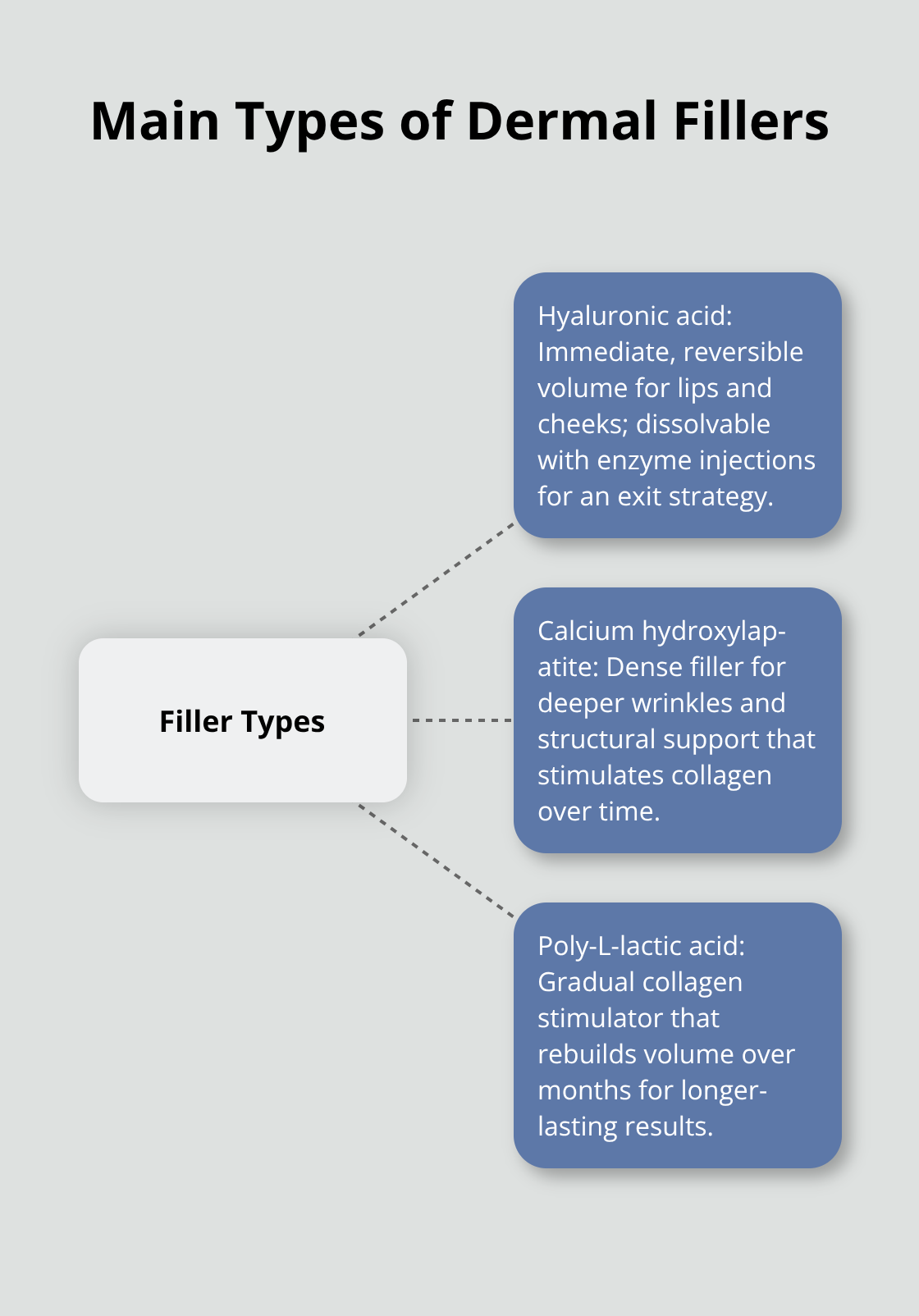 Hub-and-spoke showing hyaluronic acid, calcium hydroxylapatite, and poly-L-lactic acid with brief uses. - best dermal fillers