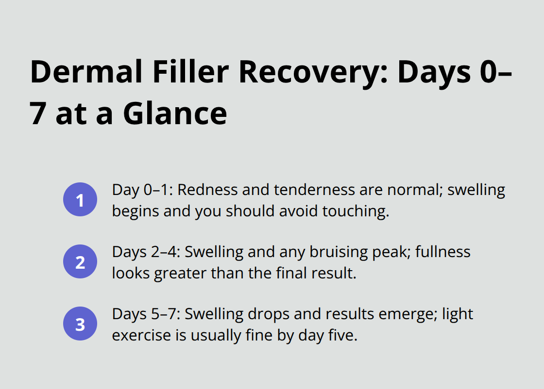 Compact timeline showing dermal filler recovery milestones from day 0 to day 7.