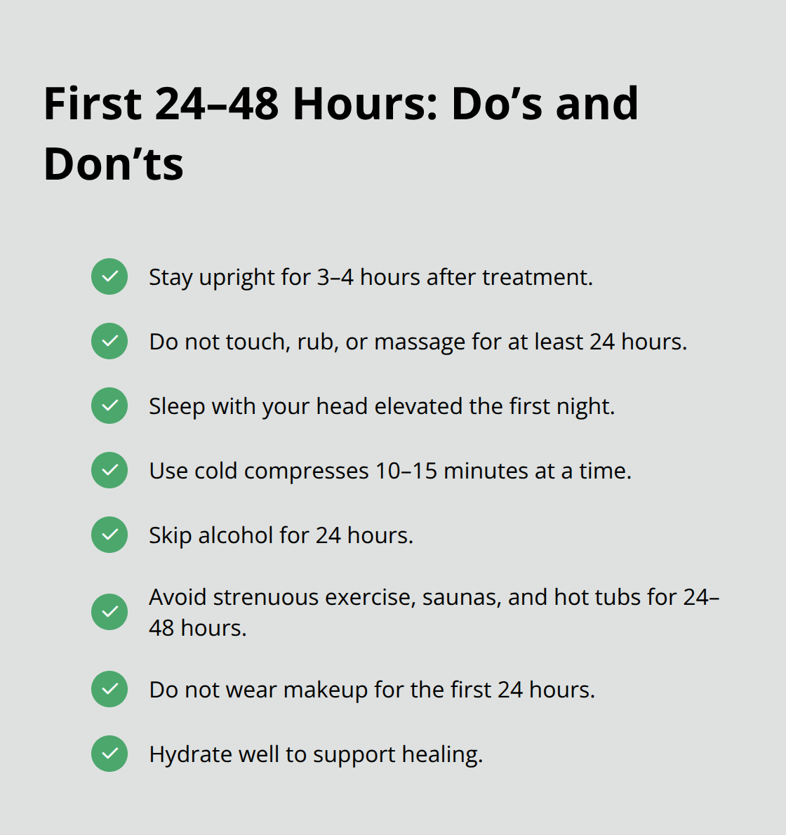 Checklist of what to do and avoid in the first 24–48 hours after dermal fillers. - Dermal filler recovery time