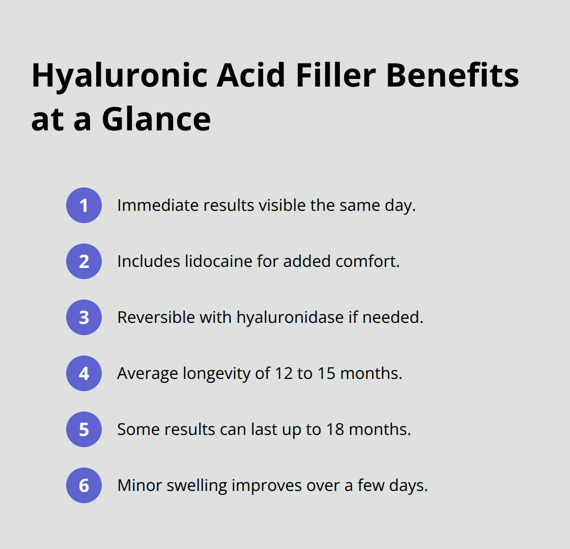 Compact list highlighting key benefits of hyaluronic acid fillers for cleft chin correction. - dermal fillers for cleft chin