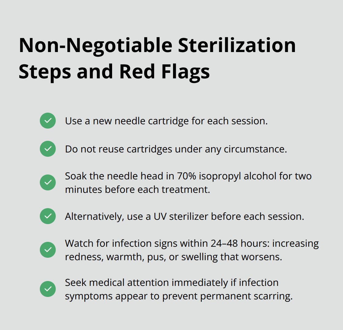 Checklist of cartridge rules, sterilization steps, and infection warning signs for at-home microneedling