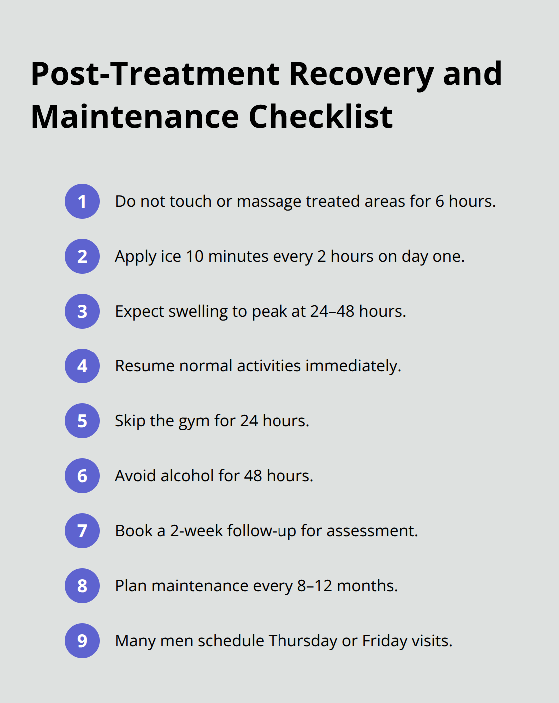 Compact checklist of recovery steps and timing after male dermal filler treatment. - male dermal fillers