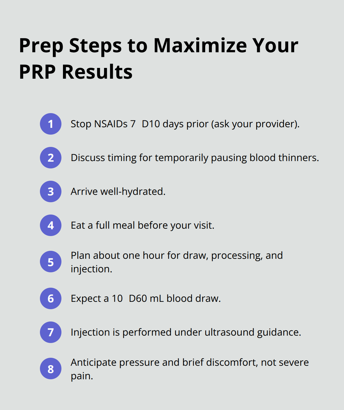 Compact checklist of pre-appointment steps for PRP therapy