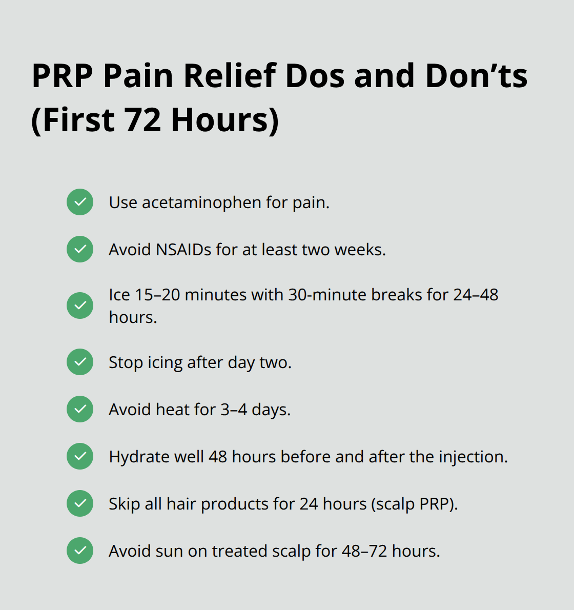 Checklist of safe pain management and care steps after PRP in the first 72 hours - PRP treatment aftercare