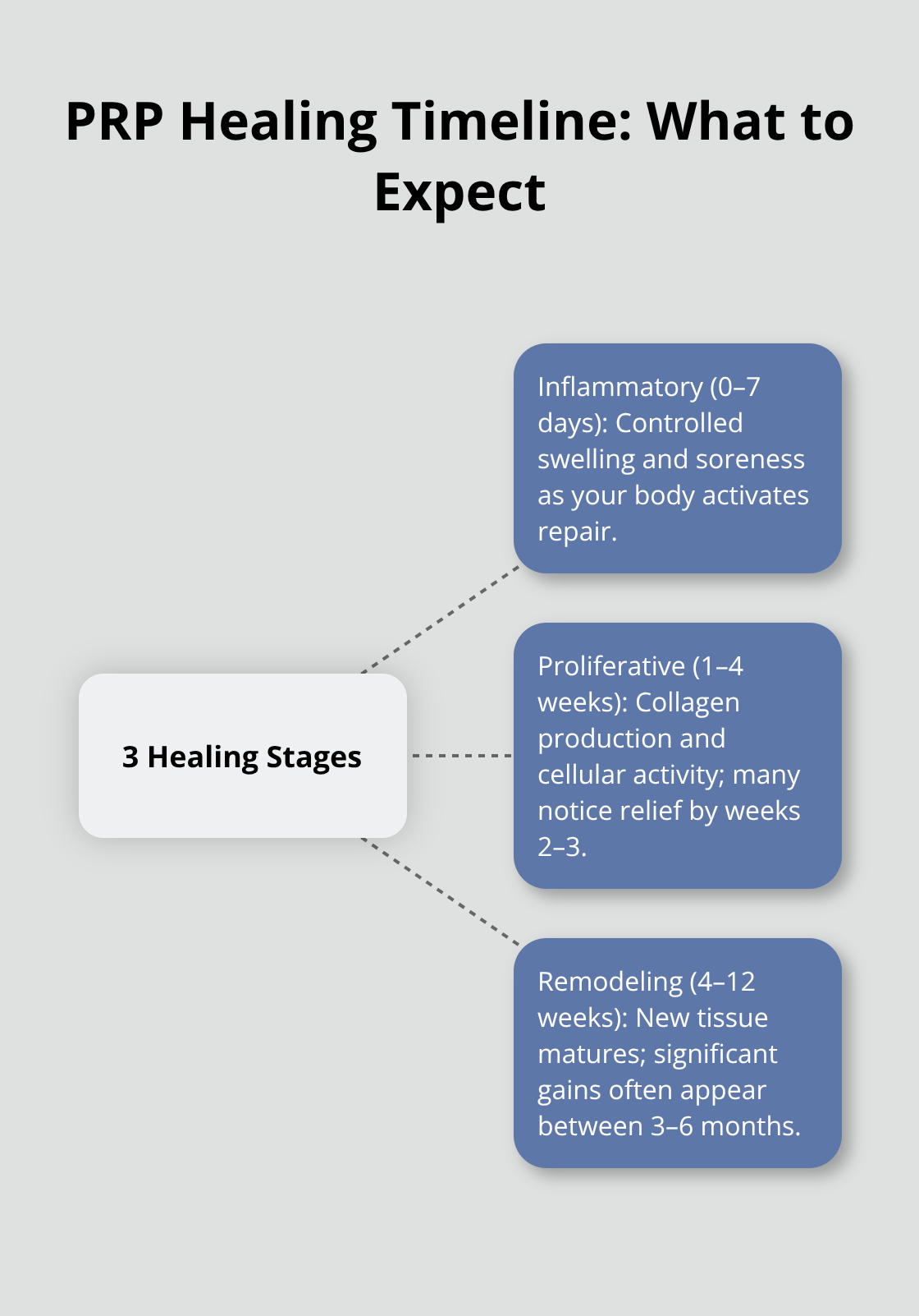 Hub-and-spoke diagram showing the three stages of PRP healing and when improvements are typically noticed